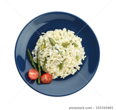 Delicious risotto with asparagus isolated on white, top view 105393965
