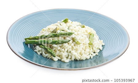 Delicious risotto with asparagus isolated on white 105393967
