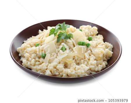 Delicious risotto with cheese isolated on white Delicious risotto with cheese isolated on white 105393979
