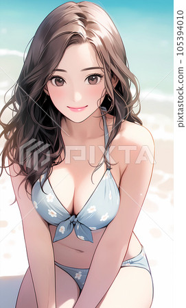 手绘卡通动漫唯美的可爱的泳装女孩插画 105394010