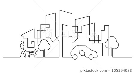 cityscape ecology lifestyle scene in continuous line drawing cityscape ecology lifestyle scene in continuous line drawing 105394088
