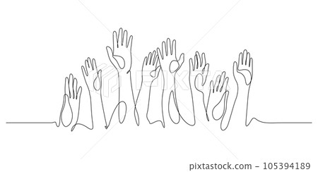 hands up, raised up volunteering,audiences and teamwork continuous line drawing 105394189