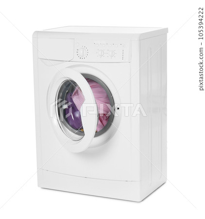 Modern washing machine with laundry isolated on white 105394222