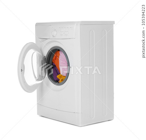 Modern washing machine with laundry isolated on white 105394223