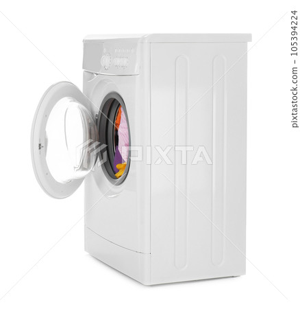 Modern washing machine with laundry isolated on white 105394224