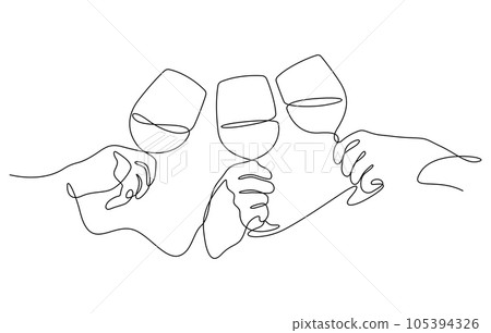 hands holding wine or champagne glasses celebratory toast clinking with friends in one line drawing minimalism hands holding wine or champagne glasses celebratory toast clinking with friends in one line drawing minimalism 105394326
