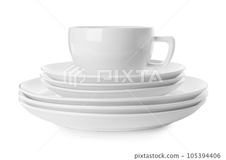 Set of clean tableware isolated on white Set of clean tableware isolated on white 105394406