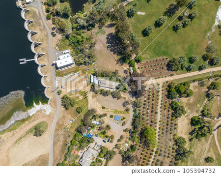 Aerial view over water reservoir and a large dam that holds water. Rancho Santa Fe in San Diego 105394732
