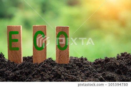 Wooden sticks stacked with ECO concept lettering on nature background. concept of future business growth for the environment. and design for reuse and renewable material resources and a sustainable Wooden sticks stacked with ECO concept lettering on nature background. concept of future business growth for the environment. and design for reuse and renewable material resources and a sustainable 105394780