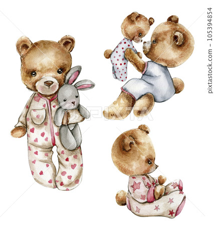 Teddy bear baby and in pijama with mother. Design for baby shower party, birthday, cake, holiday design, greetings card, invitation. 105394854