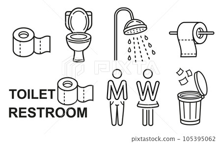 Public toilet, man and woman WC restroom, clean paper tissue towel roll, bathroom, shower room line icon set. Male, female washroom. Lavatory bowl, hygiene bathing. Throw rubbish in trash can vector Public toilet, man and woman WC restroom, clean paper tissue towel roll, bathroom, shower room line icon set. Male, female washroom. Lavatory bowl, hygiene bathing. Throw rubbish in trash can vector 105395062