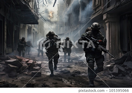 Group of military mercenaries during a cleansing operation in a ruined city. Group of military mercenaries during a cleansing operation in a ruined city. 105395066