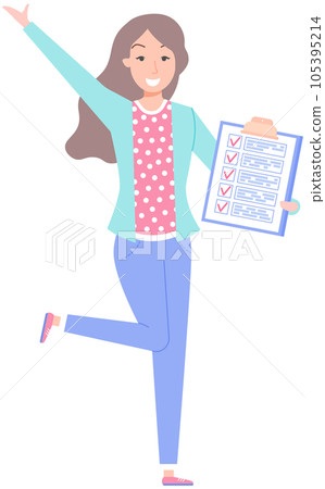 Happy girl with timetable, to do plan on clipboard. Check list planning, scheduling concept Happy girl with timetable, to do plan on clipboard. Check list planning, scheduling concept 105395214