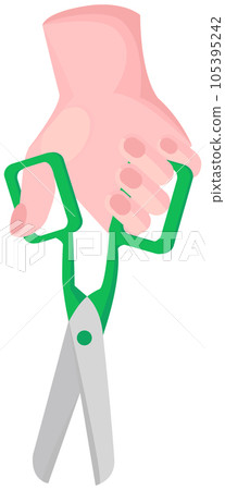 Iron scissors in human hand. Tool made of blades and plastic handle isolated on white background Iron scissors in human hand. Tool made of blades and plastic handle isolated on white background 105395242