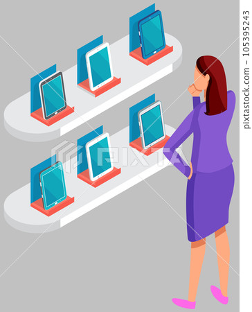 Woman chooses tablets at exhibition. Female character watching presentation of portable computers Woman chooses tablets at exhibition. Female character watching presentation of portable computers 105395243