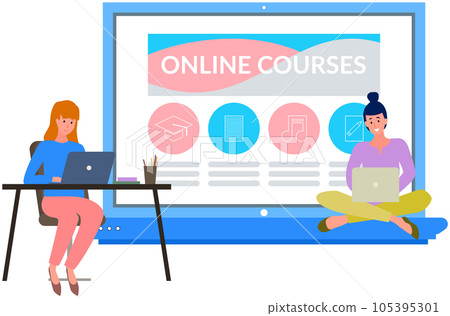 Best method of self education, girls study training courses with laptops, online learning 105395301