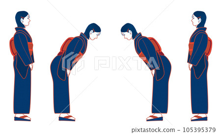 A young proprietress who serves customers politely. Illustration of a Japanese woman bowing. 105395379