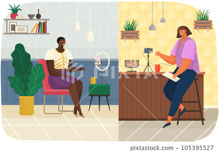 People communicate during podcast. Live communication at interview. Recording audio podcast 105395527