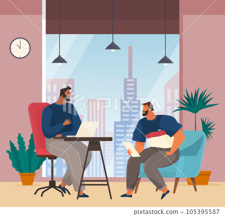 Communication, conversation at workplace. Colleagues communicate. People discuss work questions 105395587