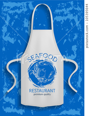 Apron with sea food restaurant logo on blue background. Protective garment for cooking seafood Apron with sea food restaurant logo on blue background. Protective garment for cooking seafood 105395644