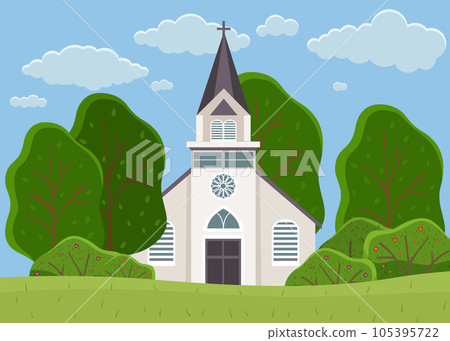 Old Catholic Church. Cartoon vector classic cathedral illustration 105395722