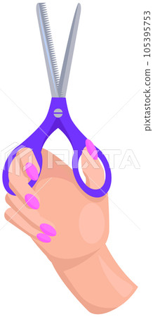 Iron scissors in human hand. Tool made of blades and plastic handle isolated on white background 105395753