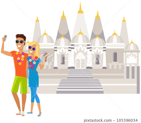 Couple of tourists taking selfie near old catholic church isolated travelers on white background Couple of tourists taking selfie near old catholic church isolated travelers on white background 105396034