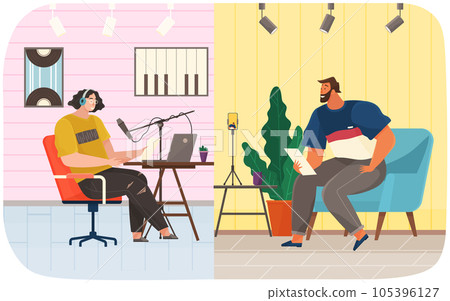 People communicate during podcast. Live communication at interview. Recording audio podcast People communicate during podcast. Live communication at interview. Recording audio podcast 105396127