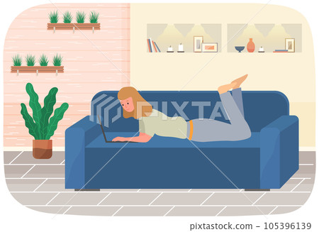 Distance learning, freelance and internet entertainment. Woman working with laptop home 105396139