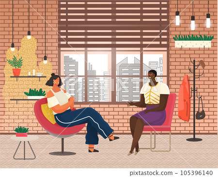 Communication, conversation at workplace. Colleagues communicate. People discuss work questions Communication, conversation at workplace. Colleagues communicate. People discuss work questions 105396140