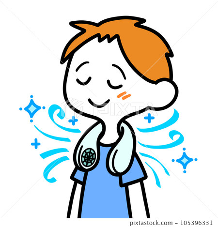 A man cooling off with a neck fan A man cooling off with a neck fan 105396331