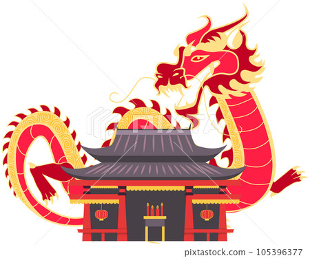 Asian or Chinese building or temple in traditional style and fabulous mythical red dragon isolated Asian or Chinese building or temple in traditional style and fabulous mythical red dragon isolated 105396377