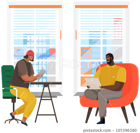 Communication, conversation at workplace. Colleagues communicate. People discuss work questions 105396380