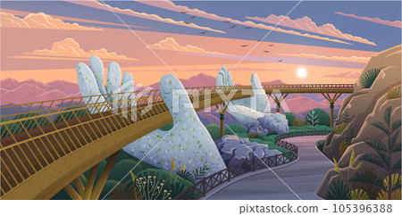 Vietnam tourist attraction, golden pedestrian bridge. Bridgework overlooking mountain landscape 105396388