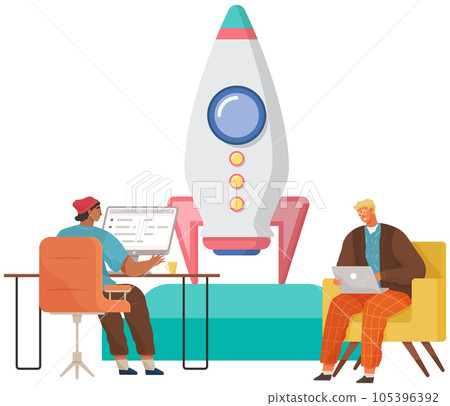 Men working with laptops code an innovative product, startup programmers. Intercating bussinessmen 105396392