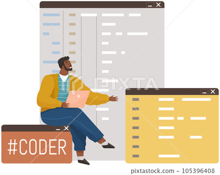 Young man programmer coding and correct errors in project. Guy sitting near web page template Young man programmer coding and correct errors in project. Guy sitting near web page template 105396408