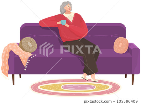 Adult woman sitting on couch at home drinking coffee resting after work, thinking about something 105396409