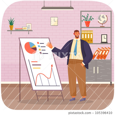 Businessman standing near board with graphs and charts pointing on chatboard with data analysis Businessman standing near board with graphs and charts pointing on chatboard with data analysis 105396410