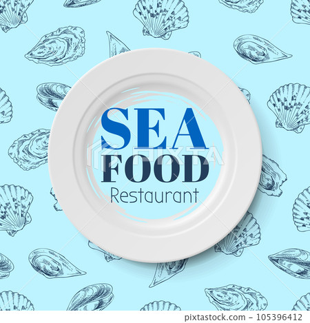 Composition of fish and sea food on blue background. Seafood shop or restaurant, template for logo Composition of fish and sea food on blue background. Seafood shop or restaurant, template for logo 105396412