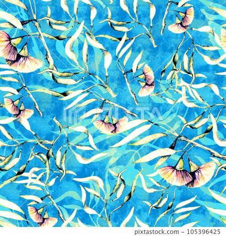 Botany eucaliptus with flowers and pink birds. Seamless pattern watercolor illustraion. Botany eucaliptus with flowers and pink birds. Seamless pattern watercolor illustraion. 105396425