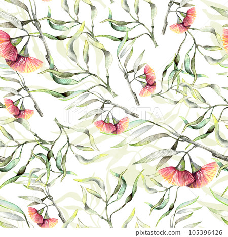 Botany eucaliptus with flowers and pink birds. Seamless pattern watercolor illustraion. Botany eucaliptus with flowers and pink birds. Seamless pattern watercolor illustraion. 105396426