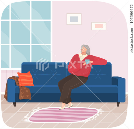 Adult woman sitting on couch at home drinking coffee resting after work, thinking about something Adult woman sitting on couch at home drinking coffee resting after work, thinking about something 105396472