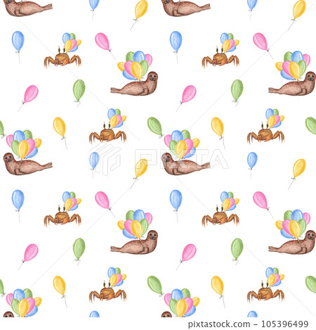 Cartoon crabs, seals with multicolored balloons. Watercolor cute seamless pattern isolated on white background. Aquatic illustration for kids room decor, kids print, poster, wrapping 105396499