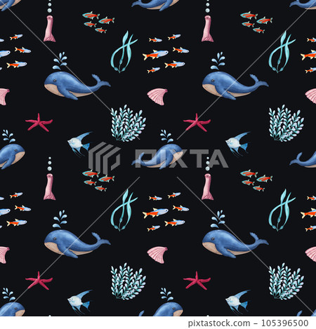 Underwater seamless pattern of blue whale, angelfish, neonfish, seaweed, starfish. Watercolor illustration isolated on black background. Print for background, menus, fabric, textile, wrapping. Underwater seamless pattern of blue whale, angelfish, neonfish, seaweed, starfish. Watercolor illustration isolated on black background. Print for background, menus, fabric, textile, wrapping. 105396500