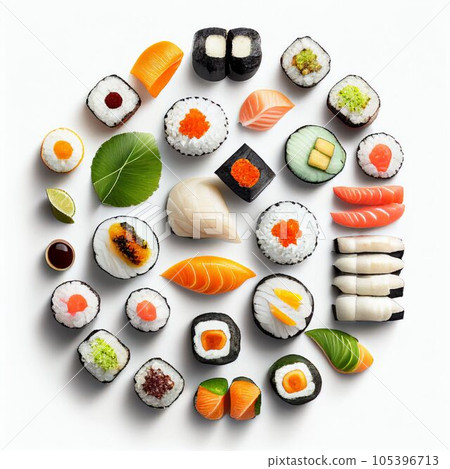 Sushi rolls collection with fresh raw on white background. Created with Generative AI technology. 105396713