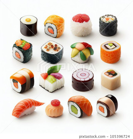 Sushi rolls collection with fresh raw on white background. Created with Generative AI technology. 105396724