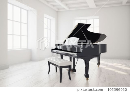 Illustration of grand piano in white room with copy space Created with Generative AI technology. 105396930