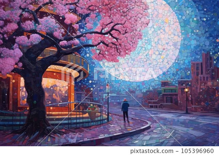 Illustration of beautiful city at night by mosaic paint style Created with Generative AI technology. Illustration of beautiful city at night by mosaic paint style Created with Generative AI technology. 105396960