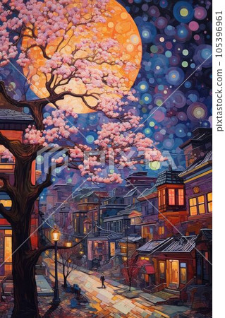 Illustration of beautiful city at night by mosaic paint style Created with Generative AI technology. Illustration of beautiful city at night by mosaic paint style Created with Generative AI technology. 105396961