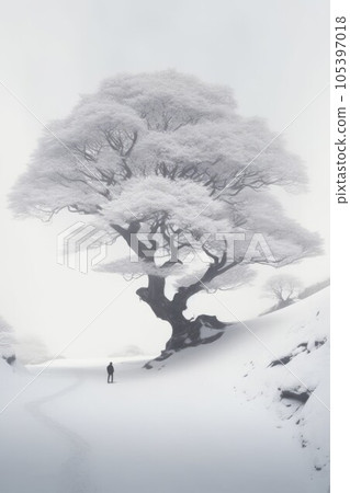 Illustration beautiful landscape of big tree and snow winter Created with Generative AI technology. Illustration beautiful landscape of big tree and snow winter Created with Generative AI technology. 105397018